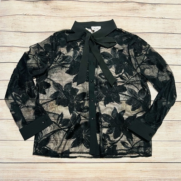 Black Tied Lace Sheer Blouse Button Down - Picture 1 of 5